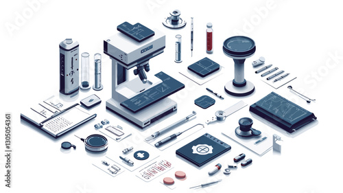 Isometric illustration depicting a variety of medical equipment and supplies arranged on a white background.  The illustration includes a central microscope, various test tubes, vials,
