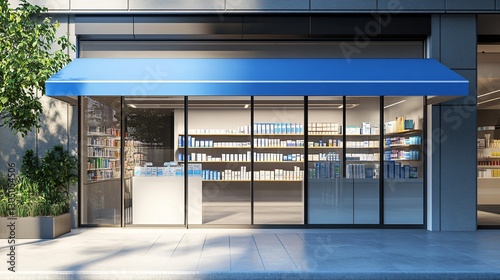 Modern Pharmacy Store Front with Blue Awning on a Sunny Day