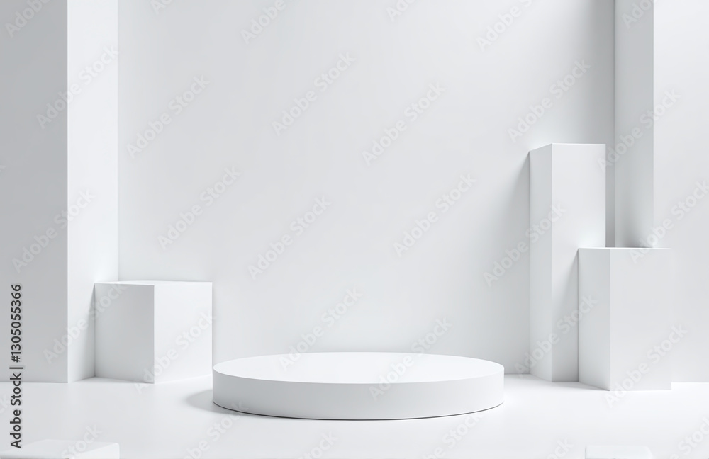 Minimal White 3d Room With Geometric Forms And Realistic Podium, Perfect For Showcasing Products In A Simple Yet Elegant Setup. Minimal White 3d Room With Geometric Forms And Realistic Podium, Perfect For Showcasing Products In A Simple Yet Elegant Setup.