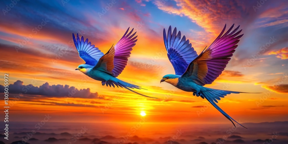 Obraz premium Two vibrant birds in flight against a breathtaking sunset, showcasing their iridescent plumage and graceful movements. A scene of freedom and natural beauty.