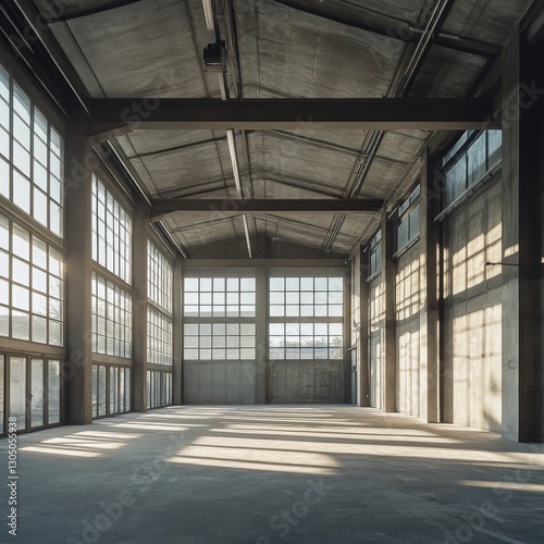 Sunlit Industrial Warehouse Interior with Concrete Floor and Exposed Metal Beams