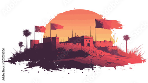 A stylized vector illustration depicting a hilltop settlement or fortress silhouetted against a large, stylized sunset.  The sunset is predominantly orange and red.  Several flags are shown