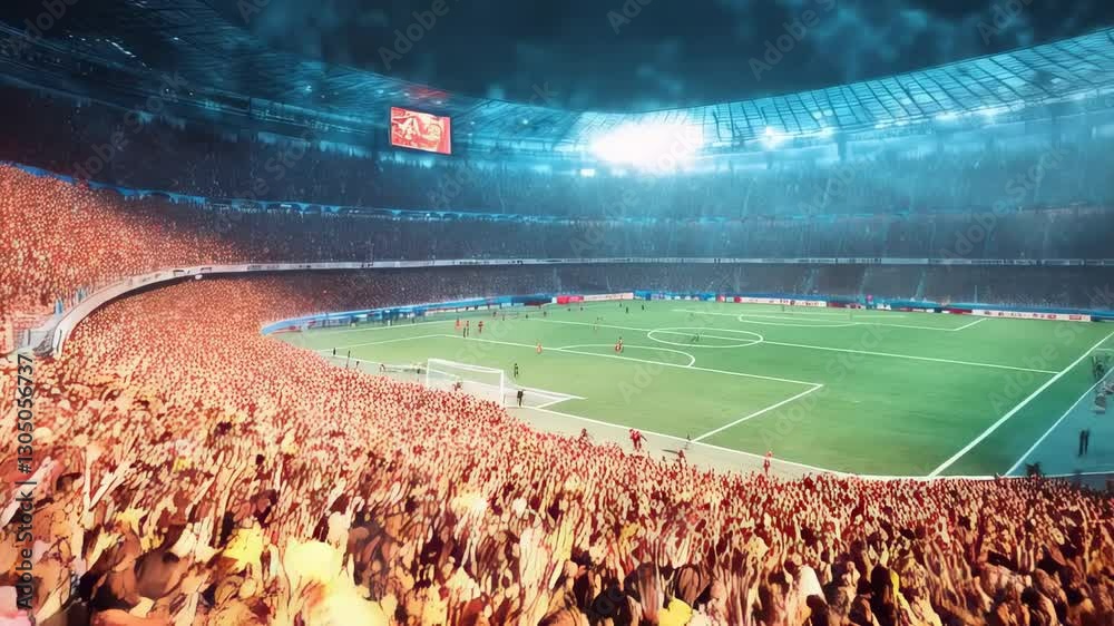 Exciting crowd atmosphere in a soccer stadium during a thrilling match at night