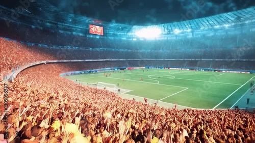 Exciting crowd atmosphere in a soccer stadium during a thrilling match at night