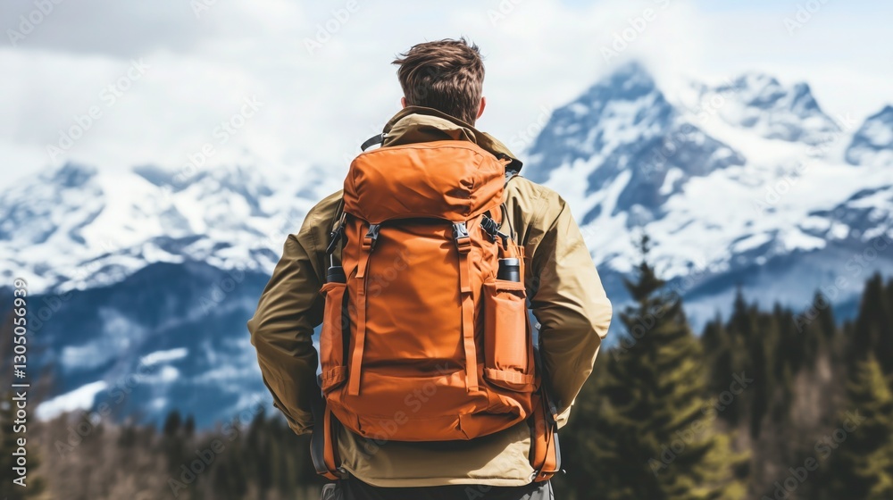 A man with an orange backpack stands facing snow - covered mountains, surrounded by a forest, ready for an outdoor adventure. A man with an orange backpack stands facing snow - covered mountains, surrounded by a forest, ready for an outdoor adventure.