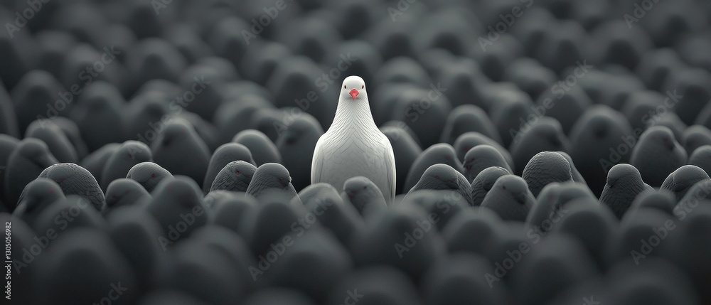 Fototapeta premium Unique White Dove Standing Out in a Crowd of Dark Birds
