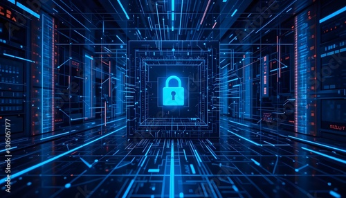 Secure Digital Lock Icon in Futuristic Cyber Environment with Data Streams and Neon Blue Light Effects