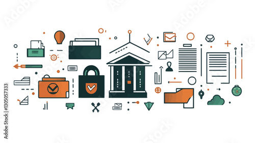 A vector illustration depicting a stylized bank building at the center, surrounded by various line icons representing data files, folders, security locks, and charts. The color palette is