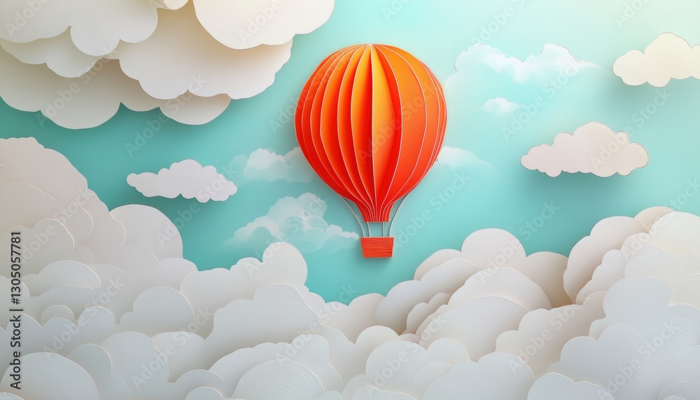 Obraz premium Paper Cut Sky Landscape With Hot Air Balloon And Realistic Clouds In Paper Craft Art: Kid Promotion For Toy Store Discount.
