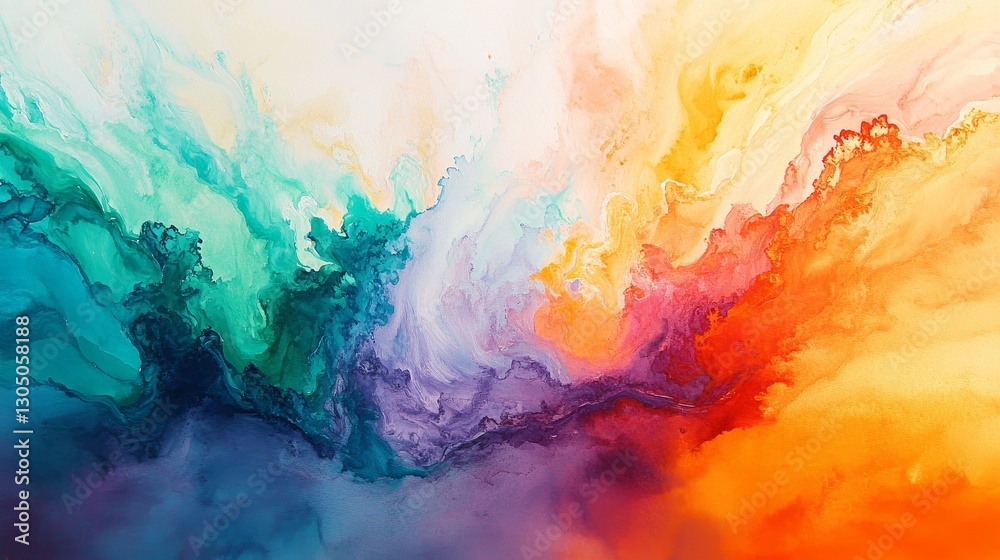 Fototapeta premium Abstract blending of watercolor paints, with delicate transitions between colors like orange, blue, green, and purple, creating a vibrant and soft pastel color palette.