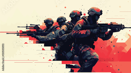 Digital illustration depicting four silhouetted soldiers in dynamic poses, holding weapons. The style is graphic and stylized, with a strong contrast between the dark figures and a vibrant