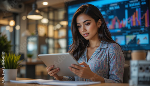 Ambitious Latina entrepreneur making business decisions using a tablet