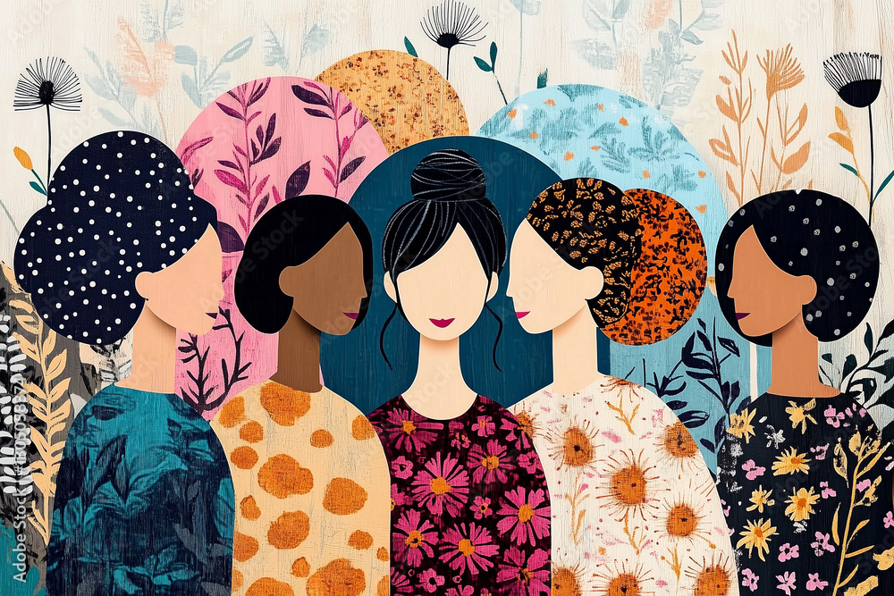 Fototapeta premium Group of women in bright clothes and blush on cheeks on floral background