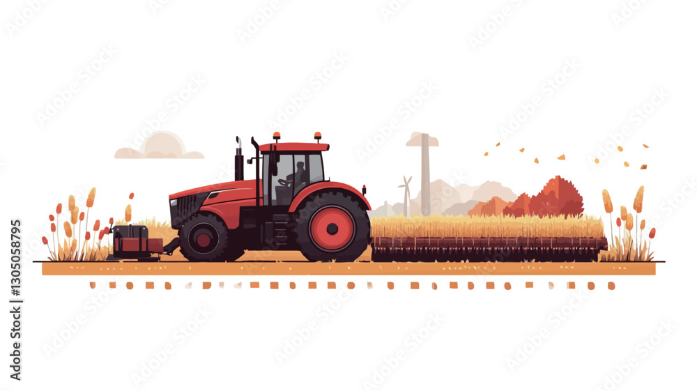 Obraz premium A digital illustration depicting a red tractor harvesting a wheat field. The style is pixel art or low-poly, with a simplified, almost cartoonish rendering of the tractor and the landscape.