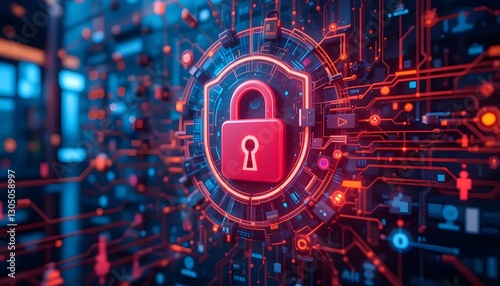 Digital Lock Icon Surrounded by Futuristic Circuit Patterns and Data Connections in Cyber Security Theme