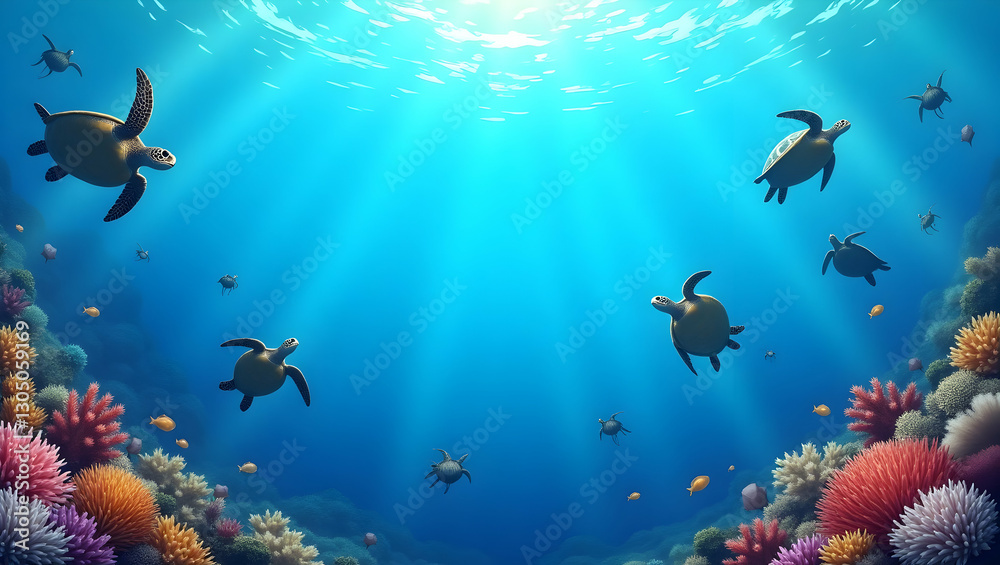 Fototapeta premium Serene Sea Turtles and Vibrant Coral Reefs Framing Ocean Preservation Space for World Oceans Day - Stunning Photo Stock Concept with Empty Space for Your Messages