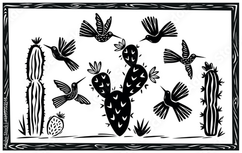 Collection of hummingbirds and cacti typical of the desert. Hand drawn in woodcut and cordel style. Vector illustration.eps