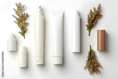 Blank white cosmetic bottles and tubes arranged on clean white background in aerial top view for skincare and beauty product mockup or branding