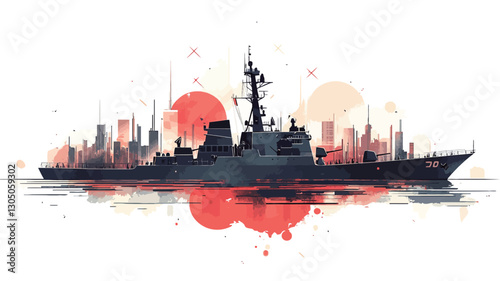The image is a stylized watercolor painting or illustration depicting a warship, possibly a destroyer, at sea. The ship is rendered in dark gray/blue tones against a background that