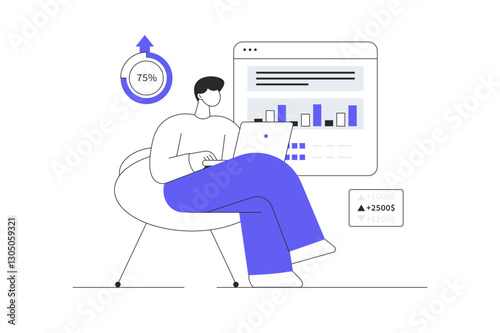 Digital business concept. E-commerce company development, financial data analysis and planning. Flat Cartoon Vector Illustration, icon. Stylish abstract Flat design for website