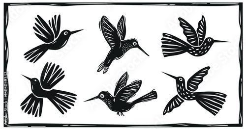 Set of hummingbirds in linocut style, carved or engraved. Editable vector illustration. Black silhouette isolated on white background..eps