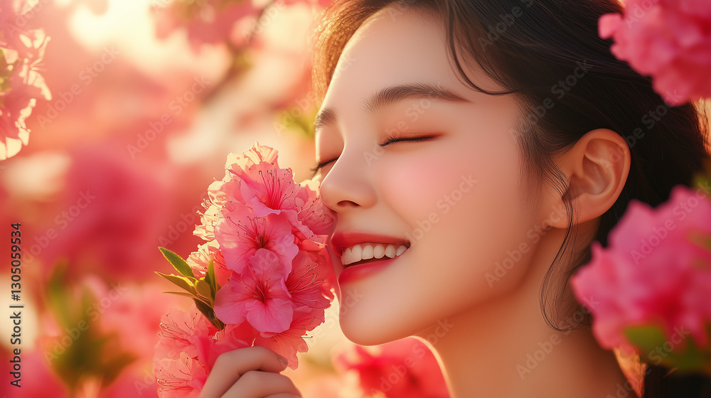 Happy asian girl celebrating spring festival with flowers, joyful expression, colorful flowers Happy asian girl celebrating spring festival with flowers, joyful expression, colorful flowers