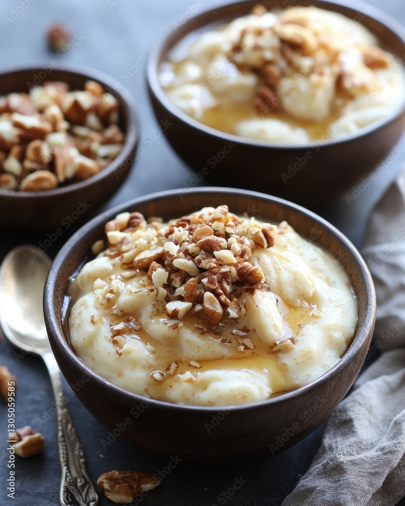 Creamy semolina pudding served in rustic wooden bowls topped with honey and chopped nuts food photography Creamy semolina pudding served in rustic wooden bowls topped with honey and chopped nuts food photography