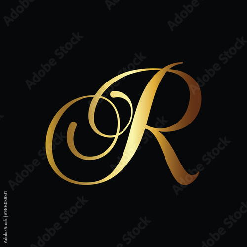 Elegant golden letter R Calligraphy on black background Luxury Typography Design