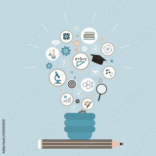 Silhouette of glowing light bulb from school subject pictograms. Education concept with many subject such as maths, science, art, chemistry and languages. Skills improvement