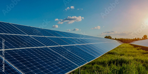 A bright landscape featuring solar panels aligned in rows under a clear blue sky, showcasing renewable energy and sustainable technology.