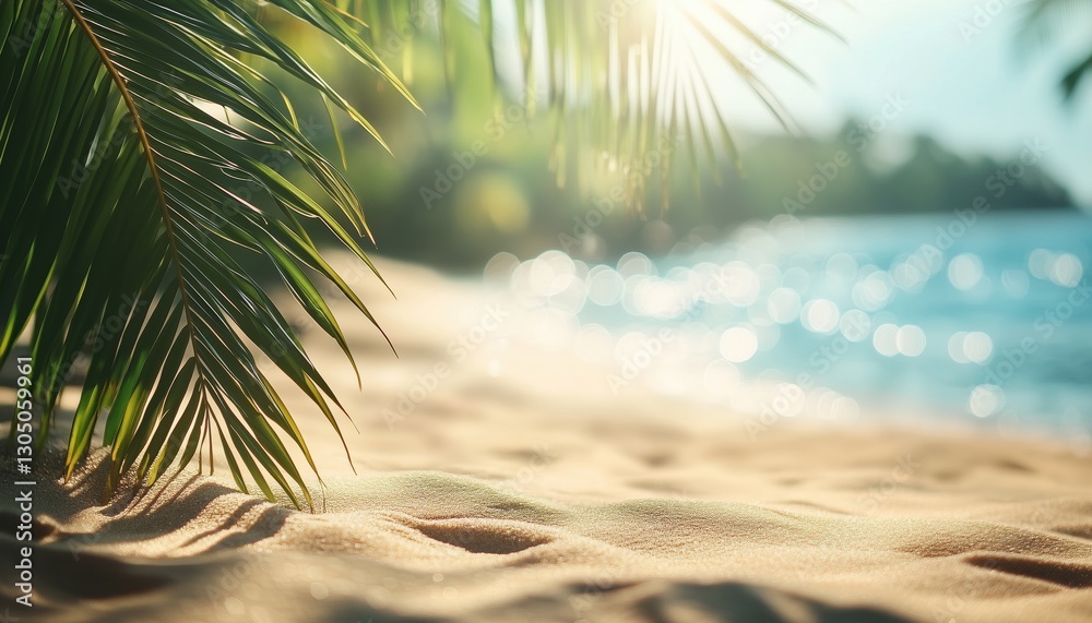 Fototapeta premium Golden Sands And Blurry Palm Leaves: A Perfect Summer Vacation Travel Destination With Bokeh Highlights On A Sunny Day.