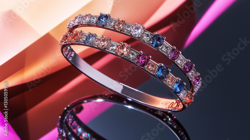 Luxurious bracelet made of precious metals with inlaid multi-colored stones on a stylish background. An elegant accessory for an evening look.