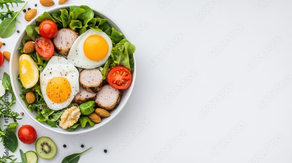 Calories Tracking Concept, Healthy salad with eggs, tomatoes, and greens. Calories Tracking Concept, Healthy salad with eggs, tomatoes, and greens.