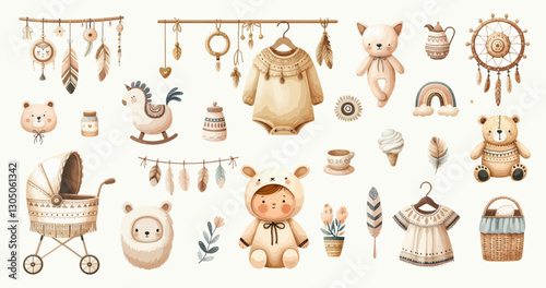 Set of boho baby shower elements in Scandinavian style. Cartoon doodle kids clipart for baby shower invitation card, nursery room decor, poster.