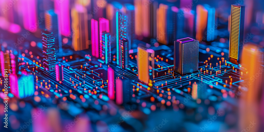 Obraz premium A vibrant, futuristic cityscape visualized through a circuit board, featuring colorful buildings and intricate electronic patterns.