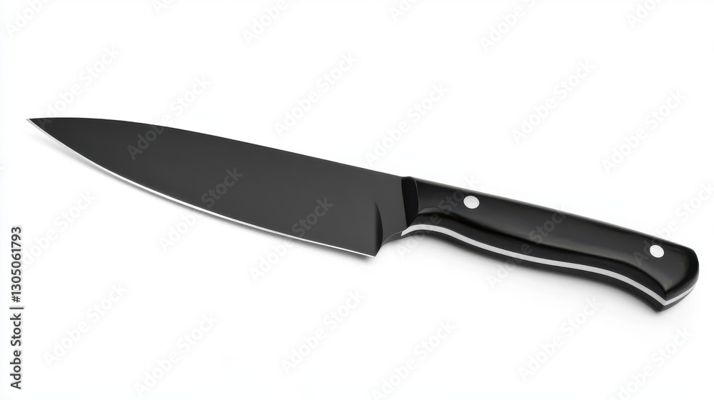A sharp black kitchen knife displayed against a white background is visible A sharp black kitchen knife displayed against a white background is visible