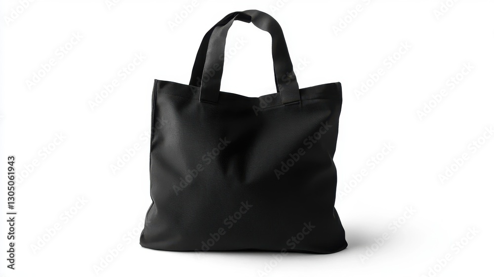 A black canvas tote bag stands against a white backdrop A black canvas tote bag stands against a white backdrop