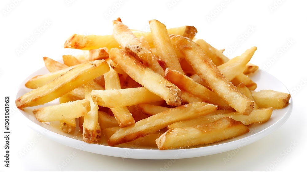 A plate of golden-brown, crispy french fries, seasoned to perfection, ready to be enjoyed. A plate of golden-brown, crispy french fries, seasoned to perfection, ready to be enjoyed.