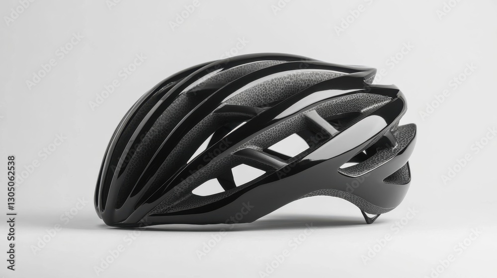A glossy black bicycle helmet rests on a white surface A glossy black bicycle helmet rests on a white surface