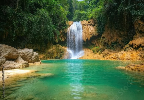 Serene Waterfall Cascading into a Clear Pool Surrounded by Lush Greenery in a Tropical Paradise