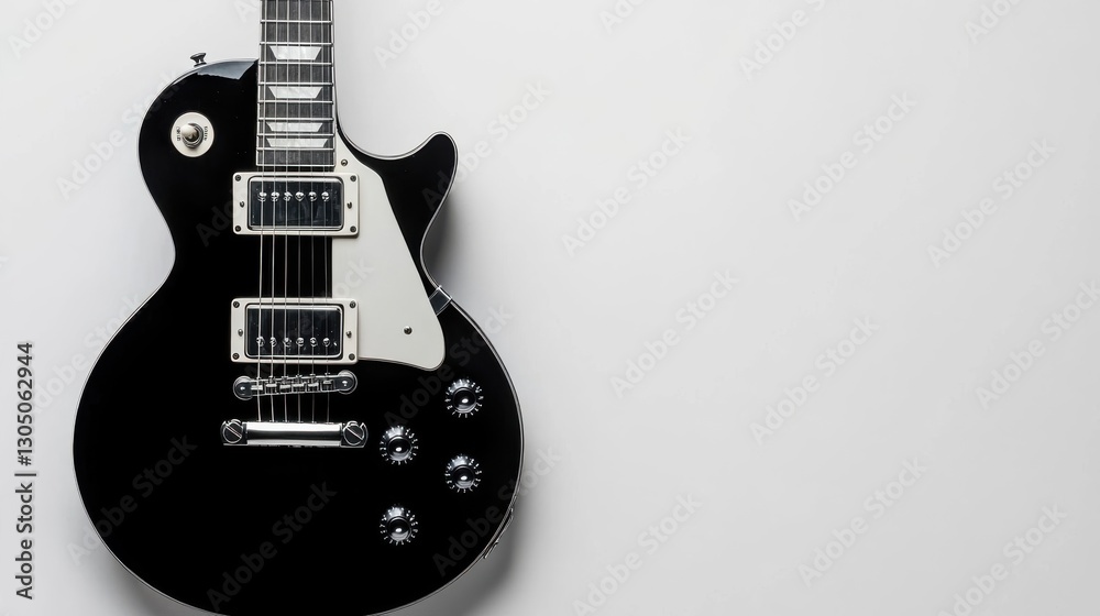 Naklejka premium A black electric guitar rests against a white background