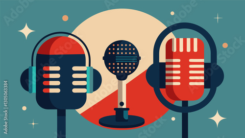 The microphone is like a second home to the two hosts of the senior radio show who have been broadcasting their show for over a decade.. Vector illustration