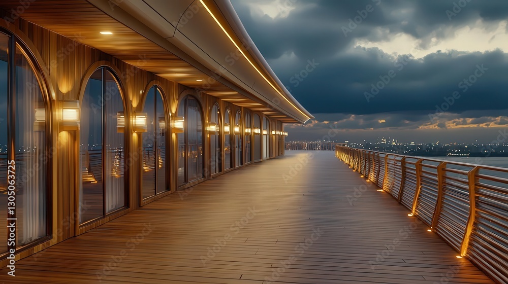Obraz premium Scenic walkway with elegant lighting and city view at dusk.