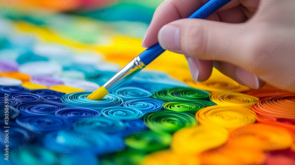 Naklejka premium Hands meticulously create intricate designs using colorful paper strips and a brush in daylight