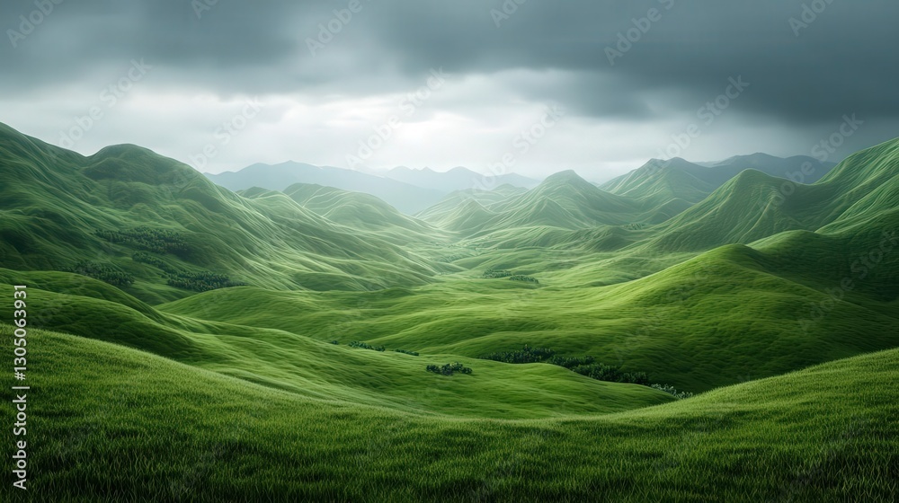 Obraz premium Lush green mountains under a dramatic cloudy sky.