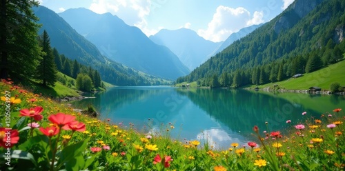 Lush greenery and wildflowers surrounding a serene mountain lake, mountains, nature, lush