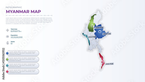 Total Area, Papulation, States & More Detailed Infographic Map of Myanmar. Myanmar country map infographic colored vector template with regions and pointer marks.