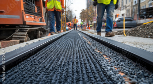 Workers are installing a new high-circumference modular rail system in an urban area. Heavy machinery is present while laborers lay gravel and secure tracks along the route photo