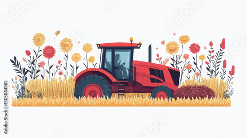 A digital illustration depicting a red tractor positioned centrally in a field of wheat or hay.  The tractor is detailed, showing a driver in the cabin.  The field is bordered by stylized,