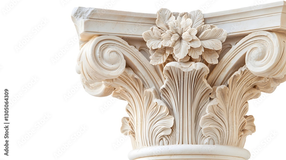 Naklejka premium Ornate Corinthian Capital with Elaborate Floral Carvings and Fluted Design on White Background